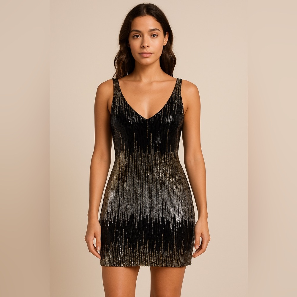 Glamorous Large Ombré Black and Gold Sequin Mini Dress Size Large